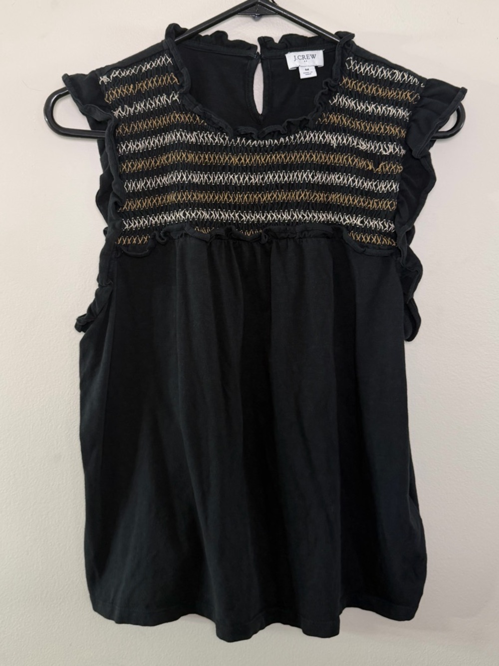 J.Crew Black Smocked Embroidered Blouse Ruffle Sleeve Medium Flowy Top